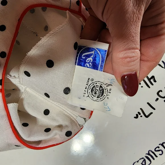 Vintage White Pin Up Polka Dot Belted Dress With Buttons Red Trim - Picture 10 of 10